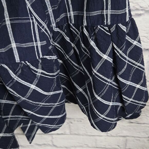 Calvin Klein Navy Belted Plaid Gauze Dress Balloon Puff Sleeves A-line CK Career - Picture 9 of 16